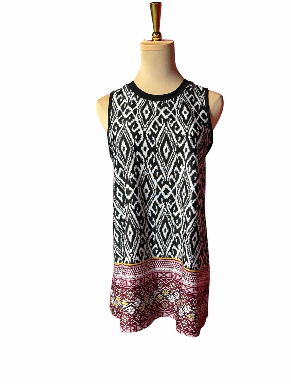 lyx Black White Geometric Boho Tunic Tank Top Burgundy Border Size M